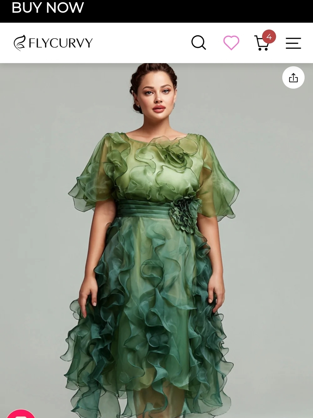 Emerald Green Ruffle-Detail Organza Midi Dress - Picture 2 of 2